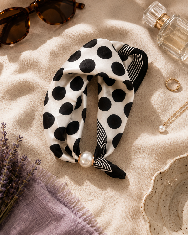 FOULARD BOULE "BLANC A POIS NOIRS"