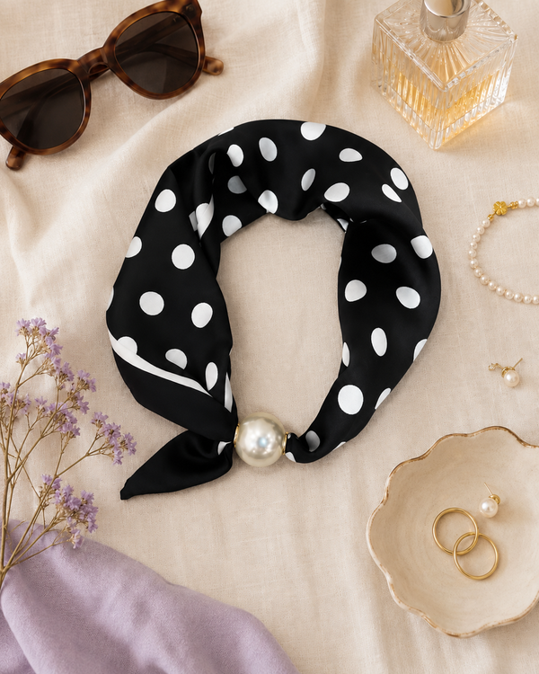 FOULARD BOULE "NOIR A POIS BLANCS"