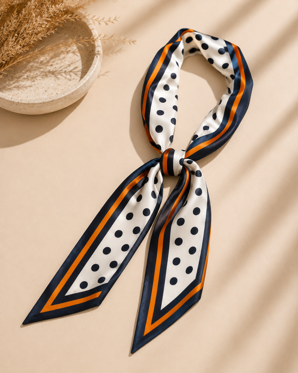 FOULARD LONG "BLANC A DETAILS BLEU ET ORANGE"