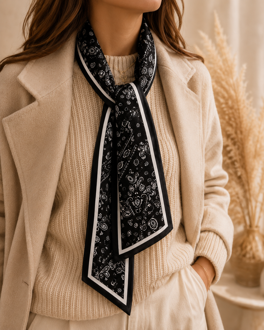 FOULARD LONG "NOIR A MOTIFS BLANCS"
